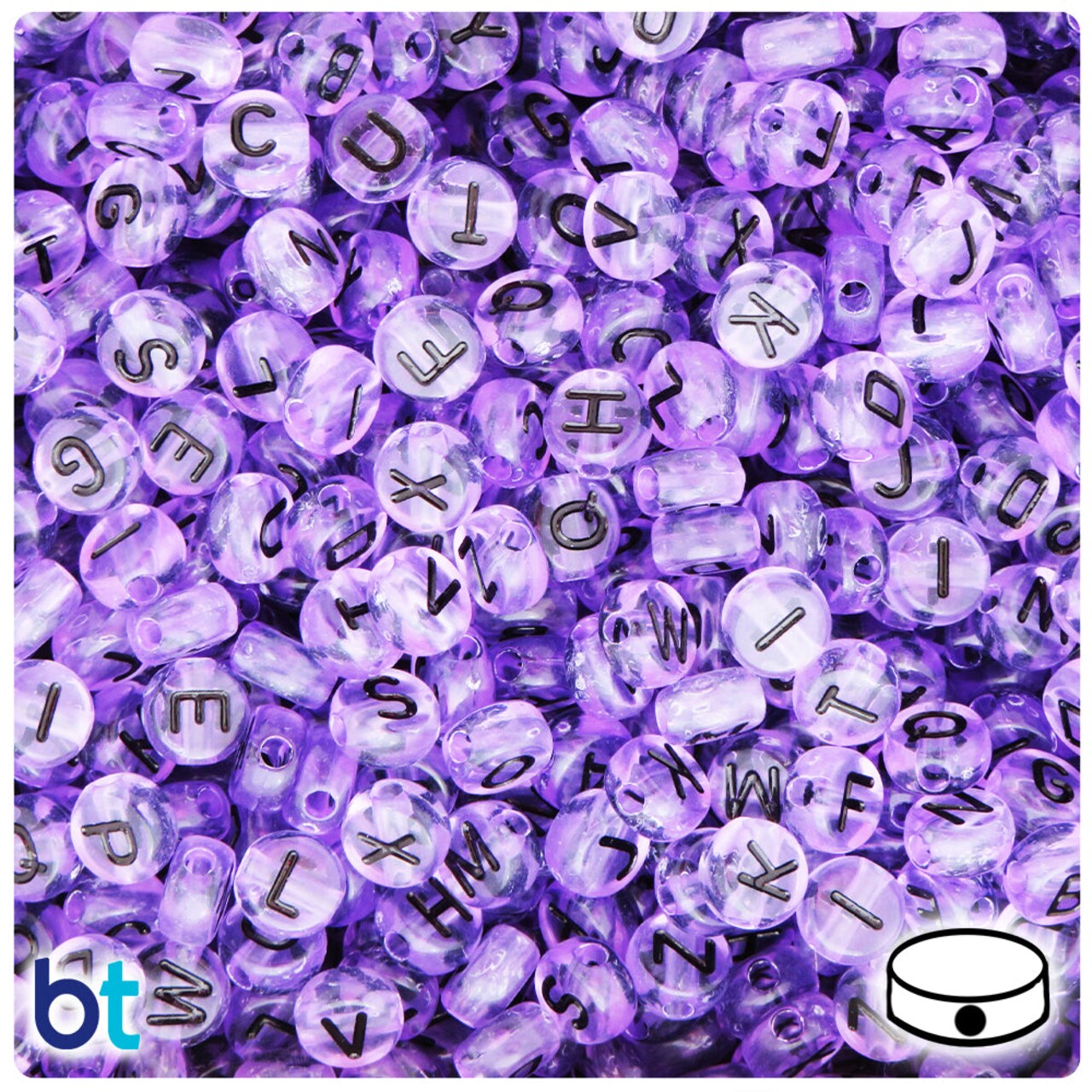 BeadTin Light Purple Transparent 7mm Coin Plastic Alpha Beads - Black Letter Mix (250pcs)